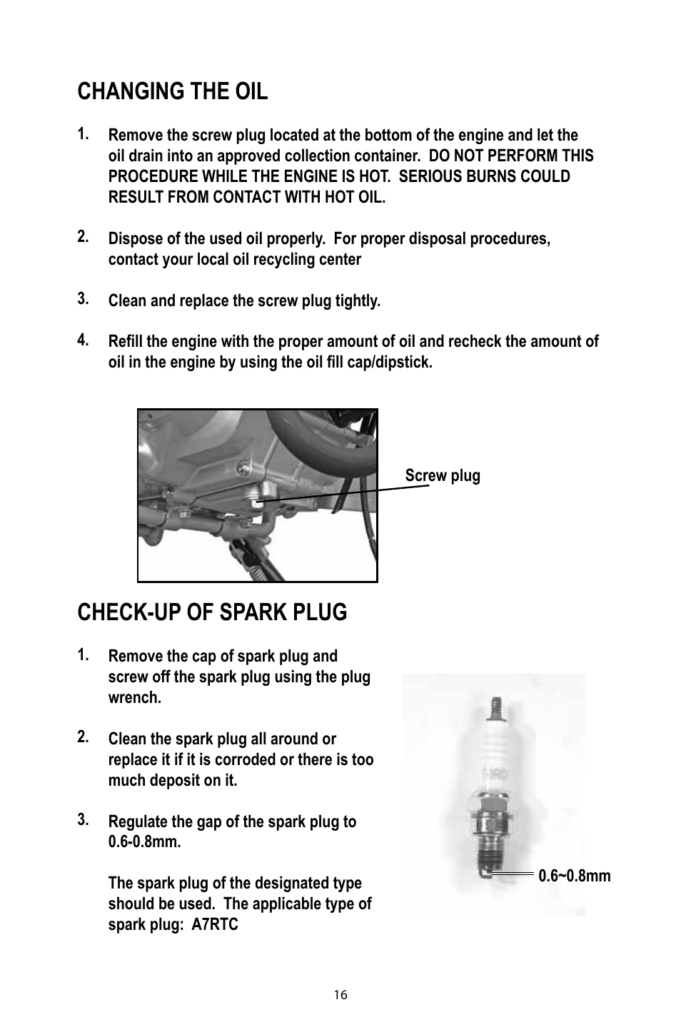 Changing the oil, Check-up of spark plug | Baja Motorsports DR49 Operator's Manual User Manual | Page 19 / 38
