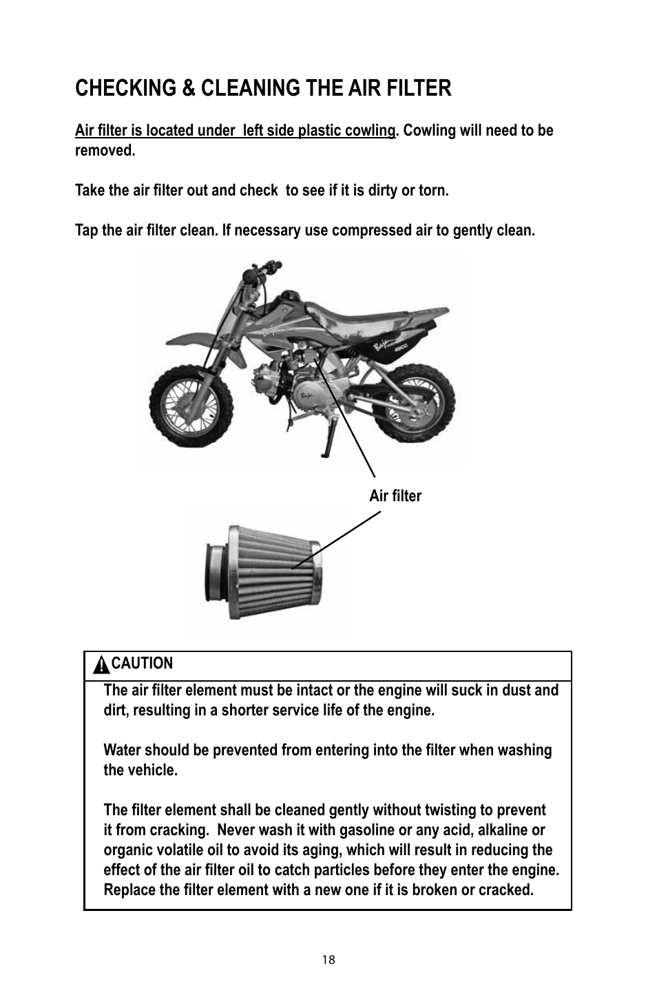 Checking & cleaning the air filter | Baja Motorsports DR49 Operator's Manual User Manual | Page 21 / 38
