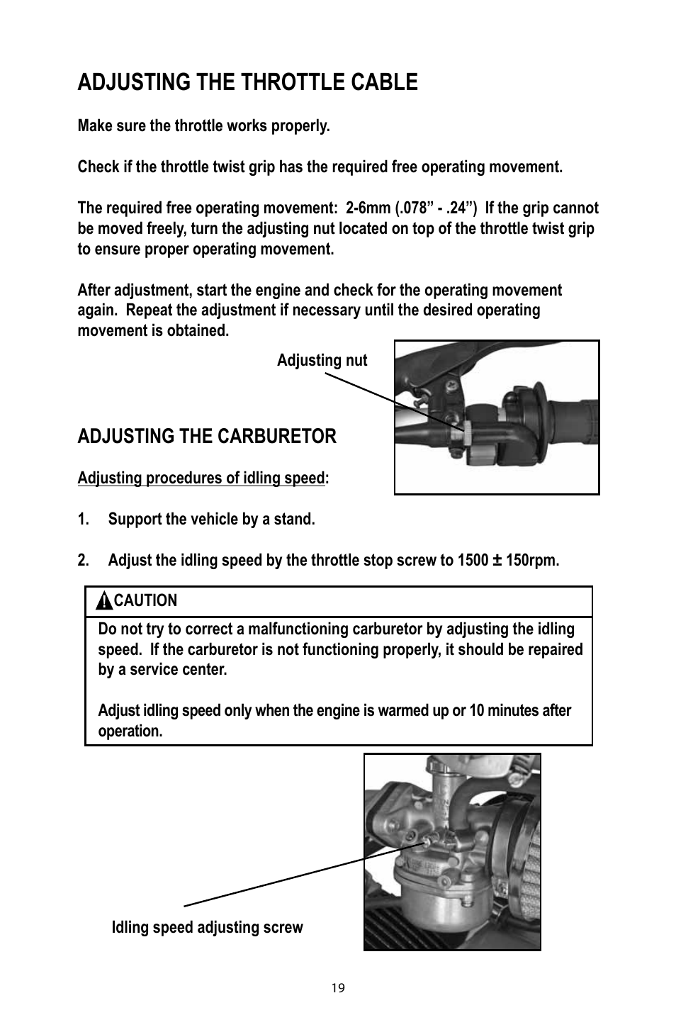 Adjusting the throttle cable, Adjusting the carburetor | Baja Motorsports DR49 Operator's Manual User Manual | Page 22 / 38