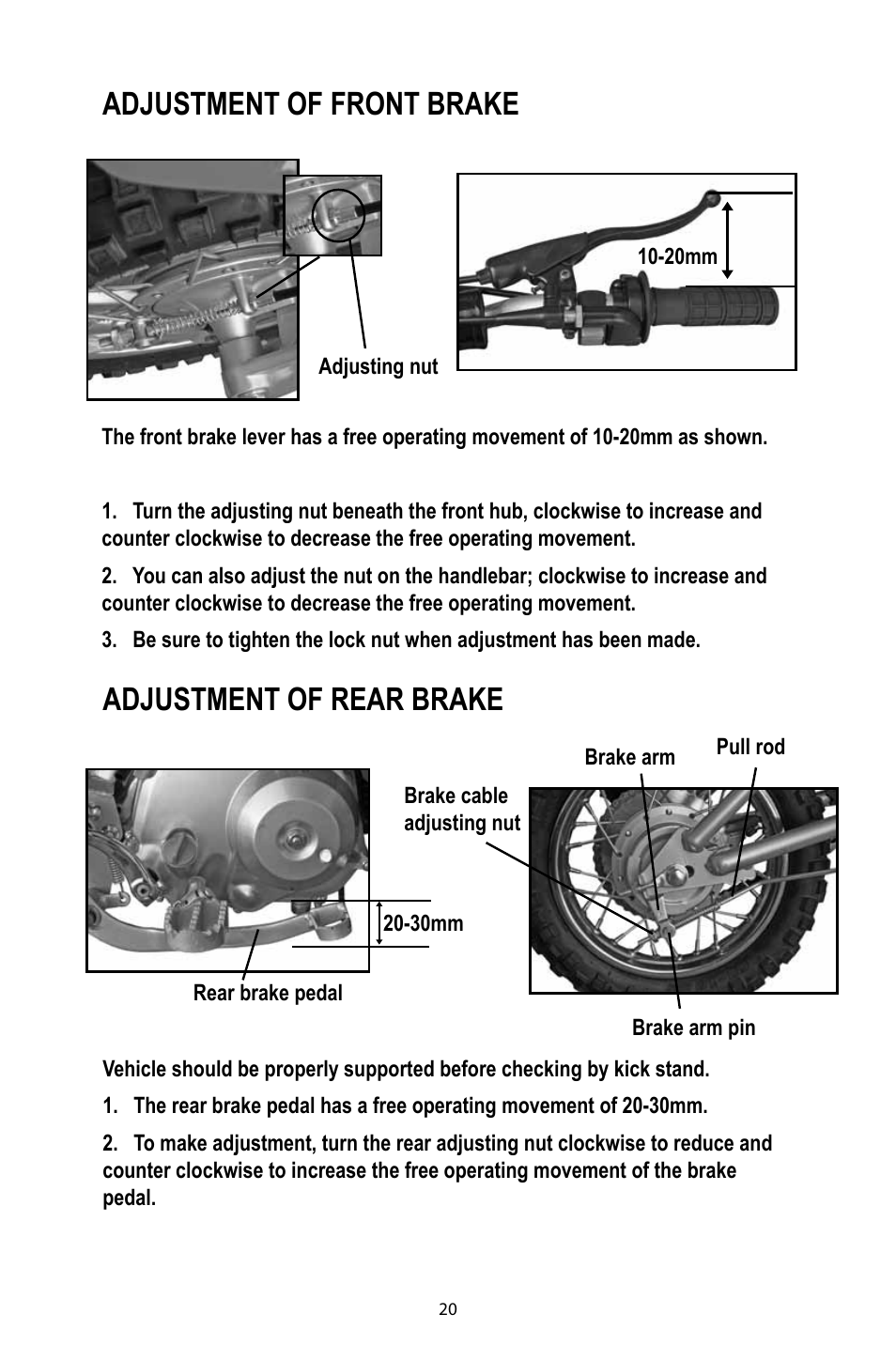 Adjustment of front brake adjustment of rear brake | Baja Motorsports DR49 Operator's Manual User Manual | Page 23 / 38