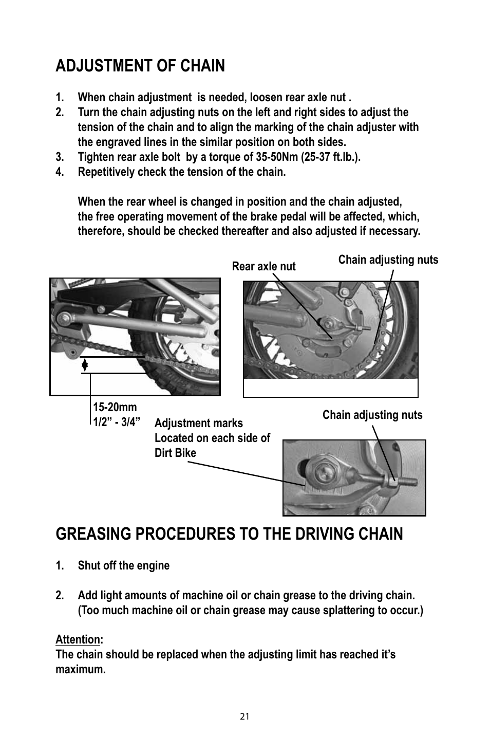 Greasing procedures to the driving chain, Adjustment of chain | Baja Motorsports DR49 Operator's Manual User Manual | Page 24 / 38