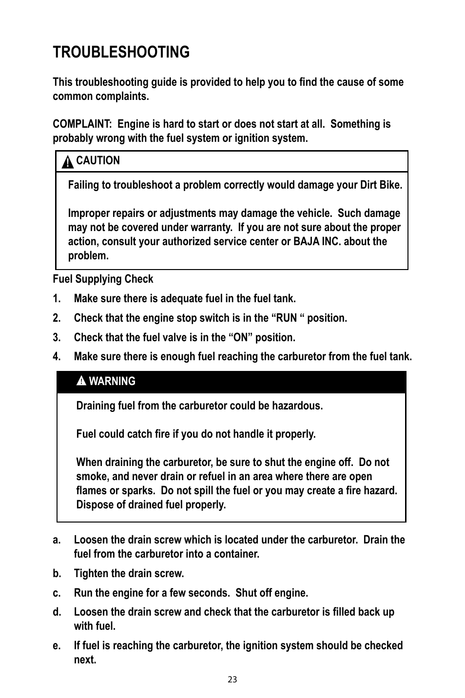 Troubleshooting | Baja Motorsports DR49 Operator's Manual User Manual | Page 26 / 38