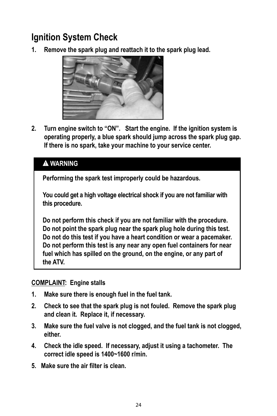 Ignition system check | Baja Motorsports DR49 Operator's Manual User Manual | Page 27 / 38