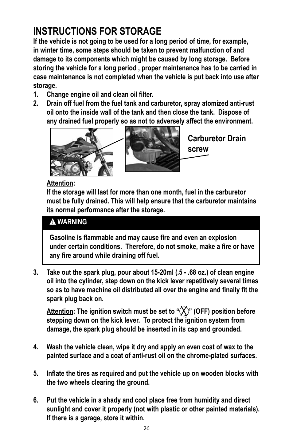 Instructions for storage, Carburetor drain screw | Baja Motorsports DR49 Operator's Manual User Manual | Page 29 / 38