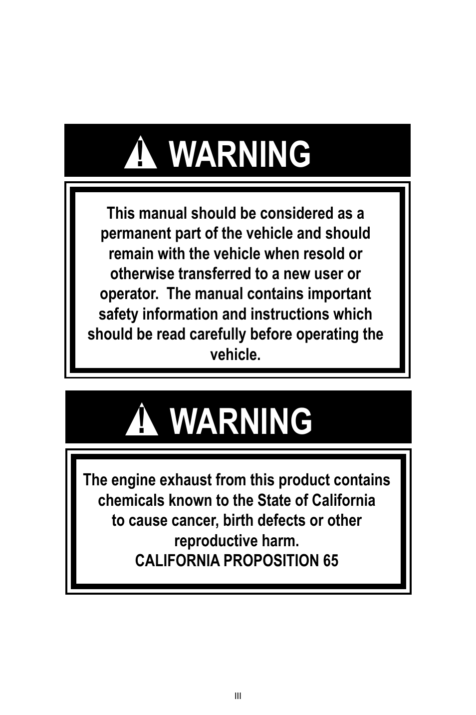 Warning | Baja Motorsports DR49 Operator's Manual User Manual | Page 3 / 38