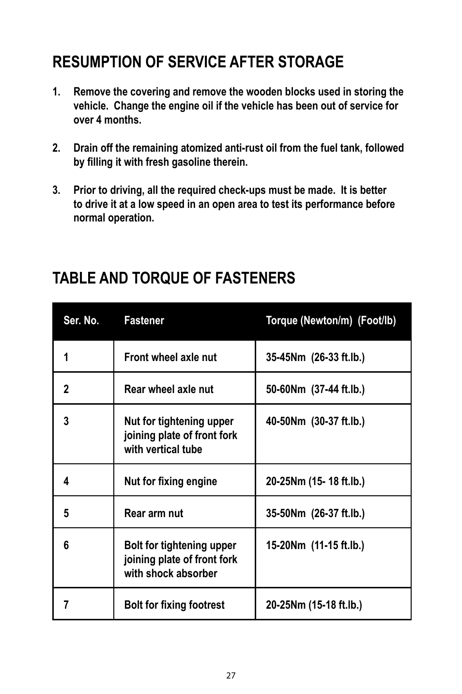 Resumption of service after storage, Table and torque of fasteners | Baja Motorsports DR49 Operator's Manual User Manual | Page 30 / 38