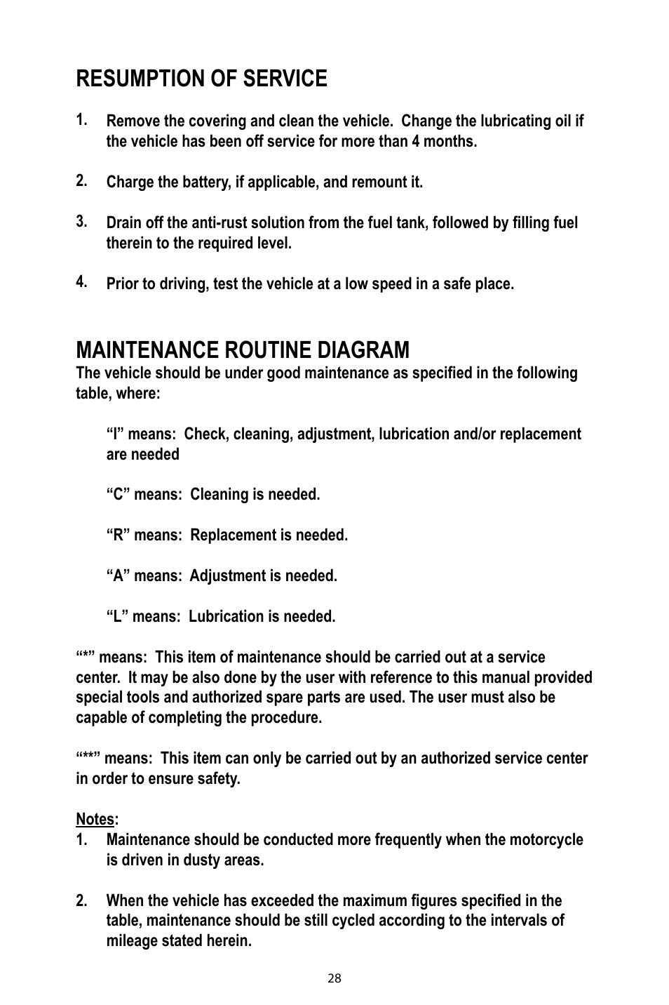 Resumption of service, Maintenance routine diagram | Baja Motorsports DR49 Operator's Manual User Manual | Page 31 / 38