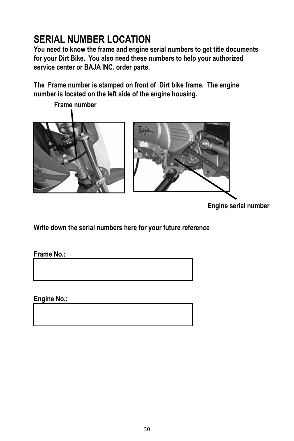 Serial number location | Baja Motorsports DR49 Operator's Manual User Manual | Page 33 / 38