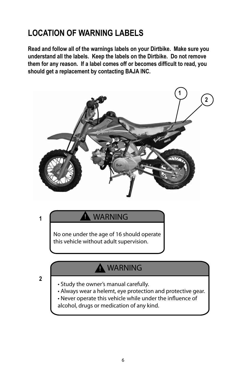 Location of warning labels, Warning | Baja Motorsports DR49 Operator's Manual User Manual | Page 9 / 38