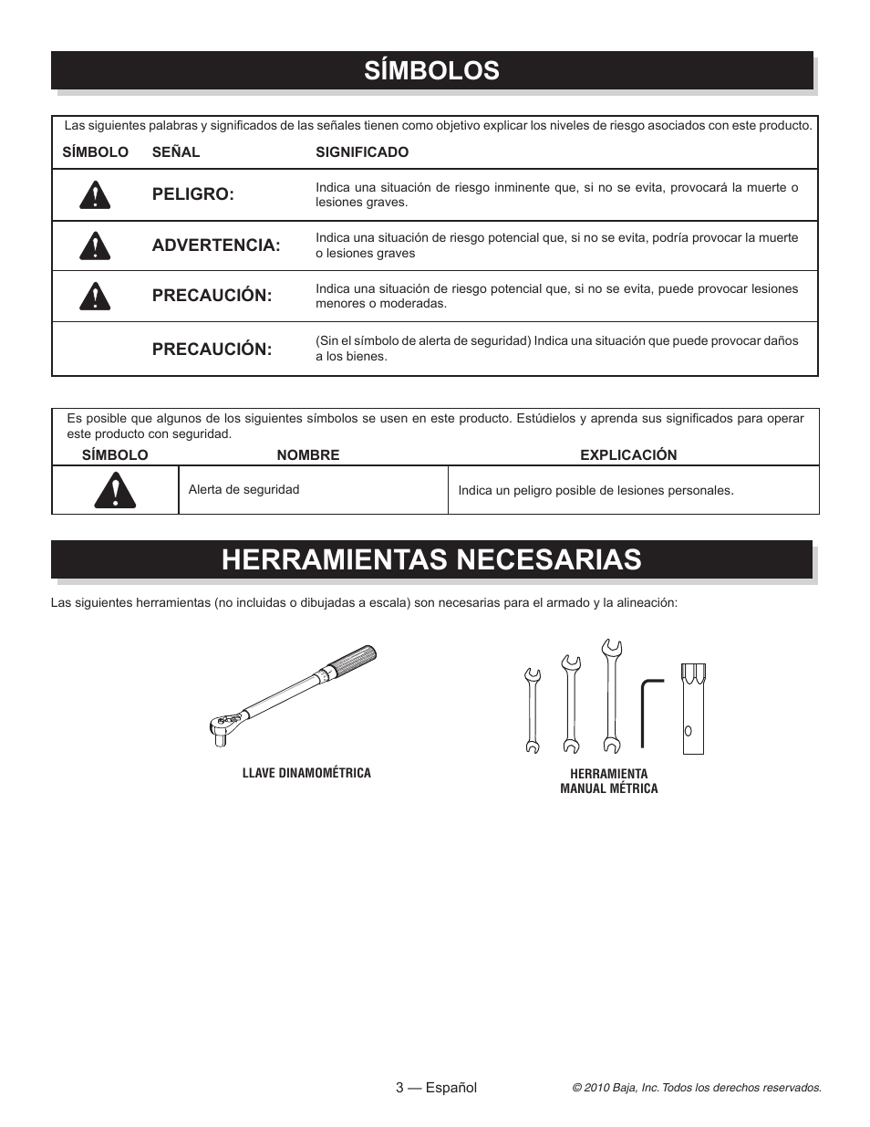 Herramientas necesarias, Símbolos, Peligro | Advertencia, Precaución | Baja Motorsports DR70 Assembly Guide User Manual | Page 12 / 20