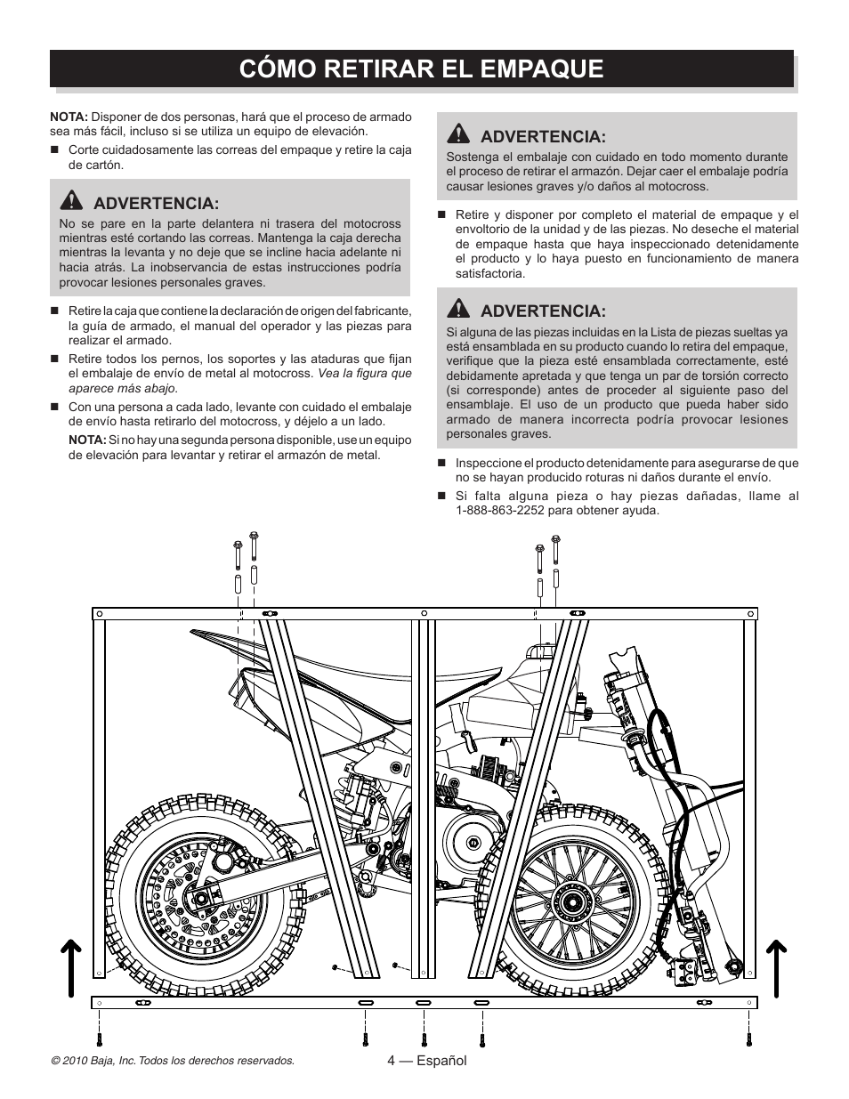 Cómo retirar el empaque, Advertencia | Baja Motorsports DR70 Assembly Guide User Manual | Page 13 / 20