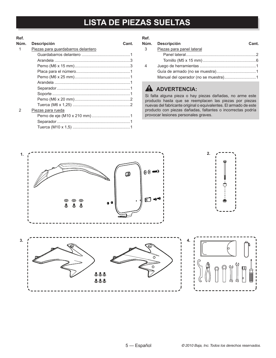 Lista de piezas sueltas, Advertencia | Baja Motorsports DR70 Assembly Guide User Manual | Page 14 / 20