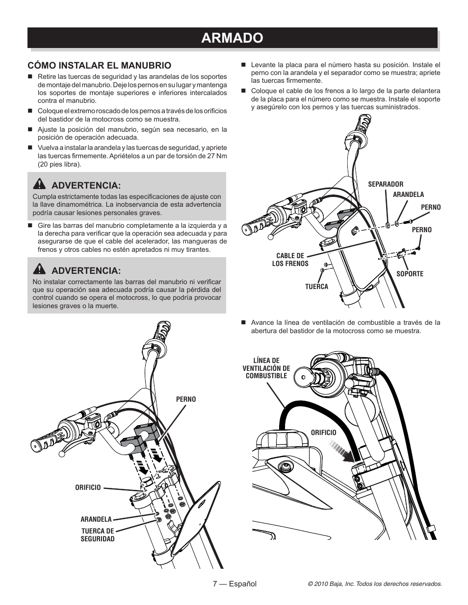 Armado, Cómo instalar el manubrio, Advertencia | Baja Motorsports DR70 Assembly Guide User Manual | Page 16 / 20