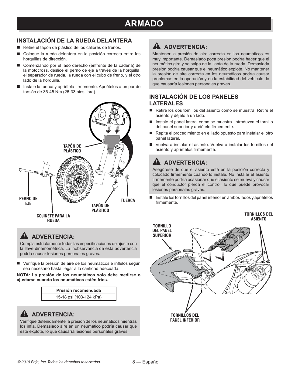 Armado, Instalación de la rueda delantera, Advertencia | Instalación de los paneles laterales | Baja Motorsports DR70 Assembly Guide User Manual | Page 17 / 20