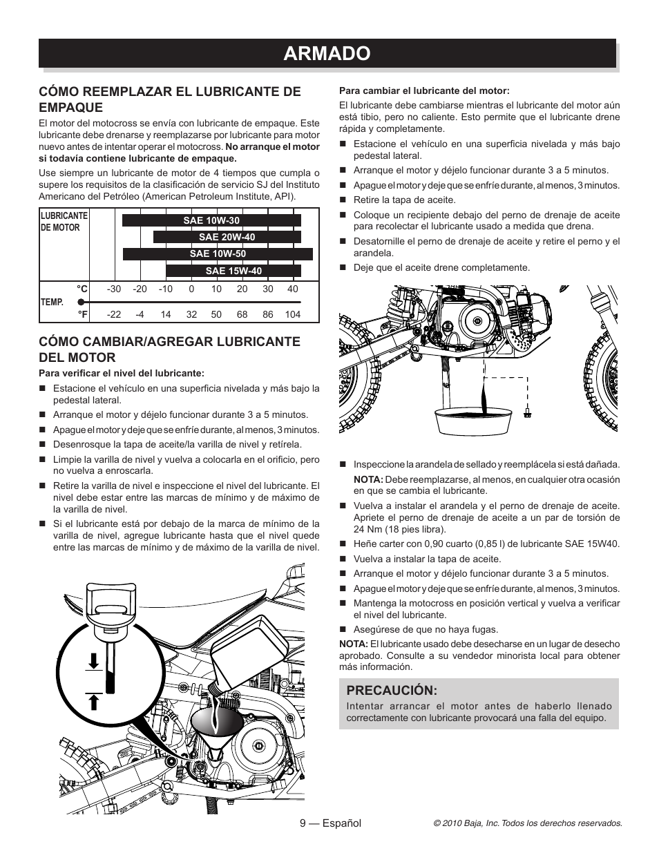 Armado, Cómo reemplazar el lubricante de empaque, Cómo cambiar/agregar lubricante del motor | Precaución | Baja Motorsports DR70 Assembly Guide User Manual | Page 18 / 20