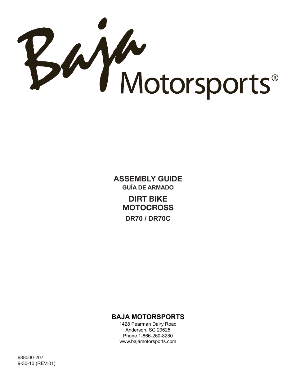 Assembly guide, Dirt bike motocross | Baja Motorsports DR70 Assembly Guide User Manual | Page 20 / 20