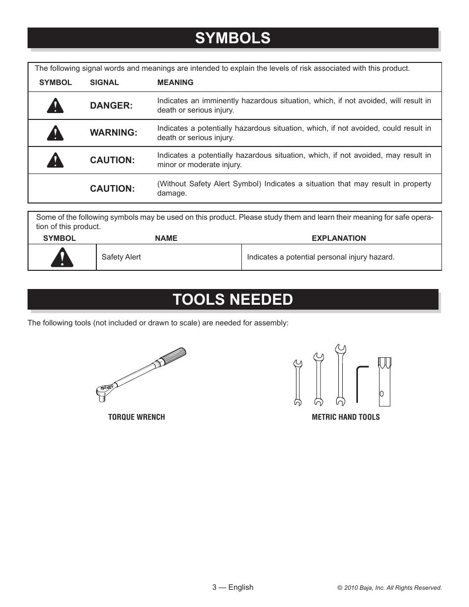 Symbols tools needed | Baja Motorsports DR70 Assembly Guide User Manual | Page 3 / 20