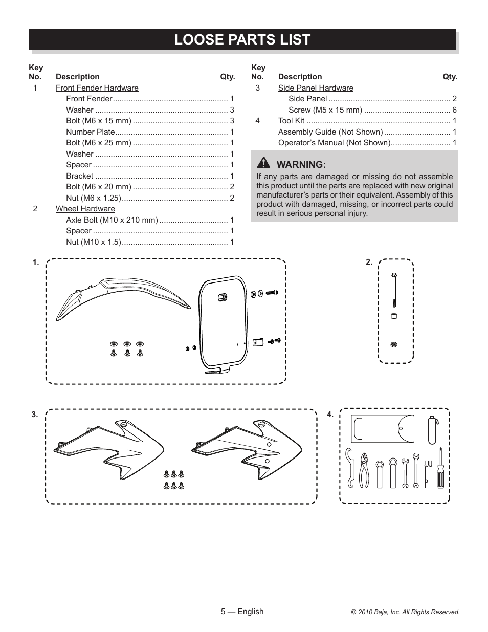 Loose parts list | Baja Motorsports DR70 Assembly Guide User Manual | Page 5 / 20