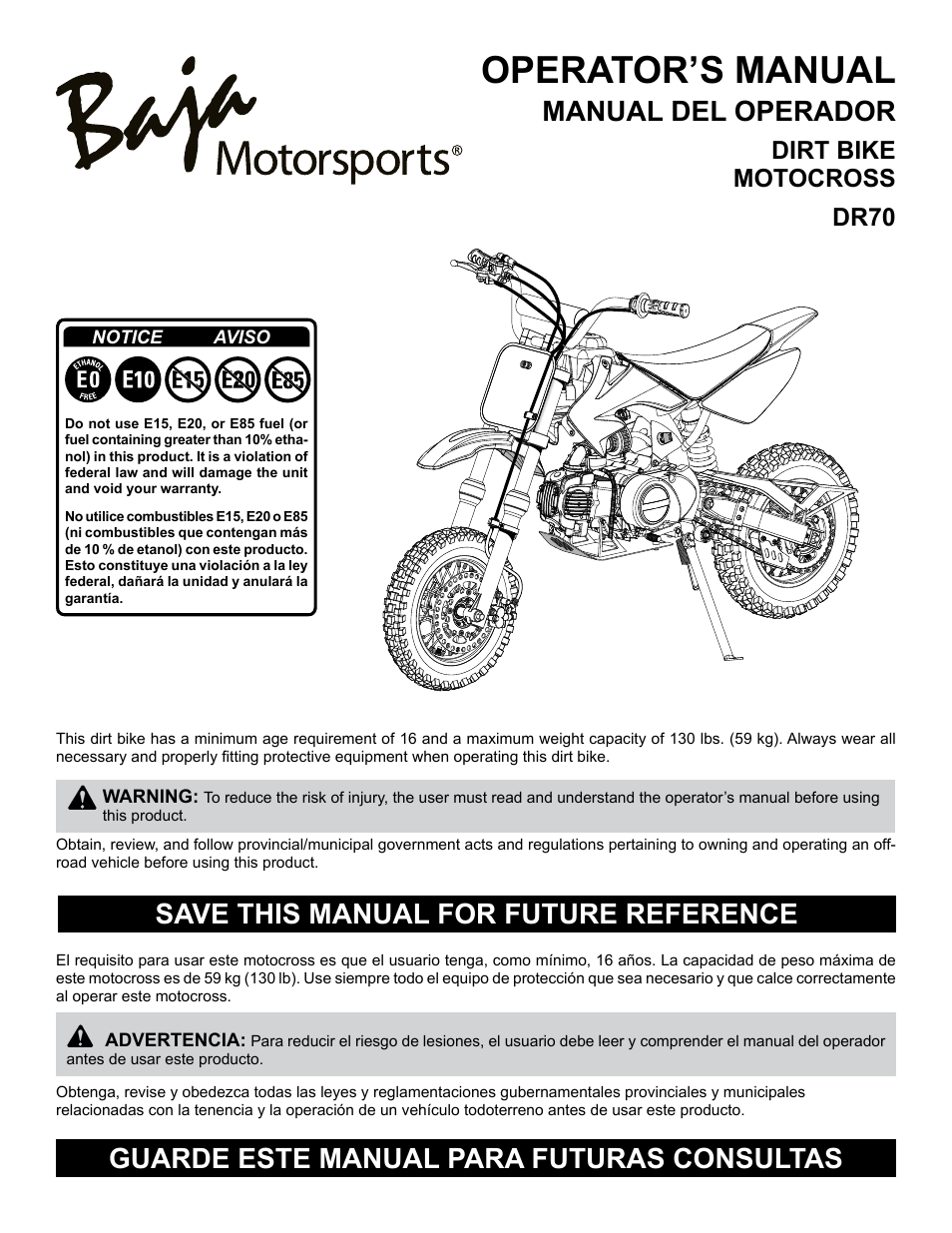 Baja Motorsports DR70 Operator's Manual User Manual | 48 pages