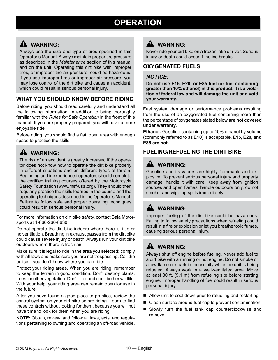 Operation | Baja Motorsports DR70 Operator's Manual User Manual | Page 10 / 48