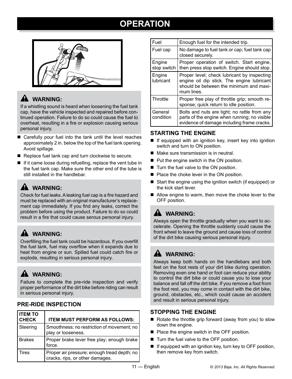 Operation | Baja Motorsports DR70 Operator's Manual User Manual | Page 11 / 48