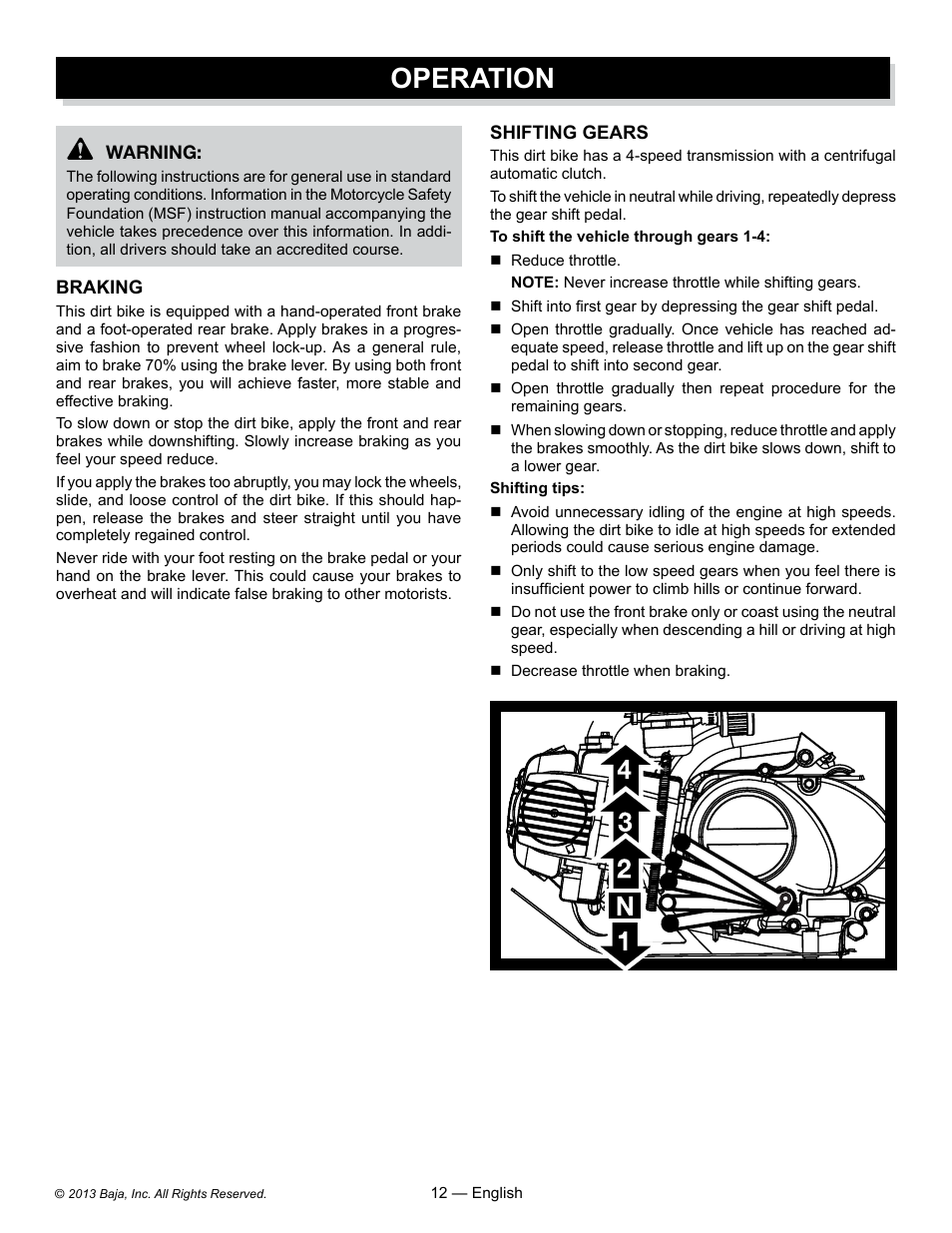 Operation | Baja Motorsports DR70 Operator's Manual User Manual | Page 12 / 48