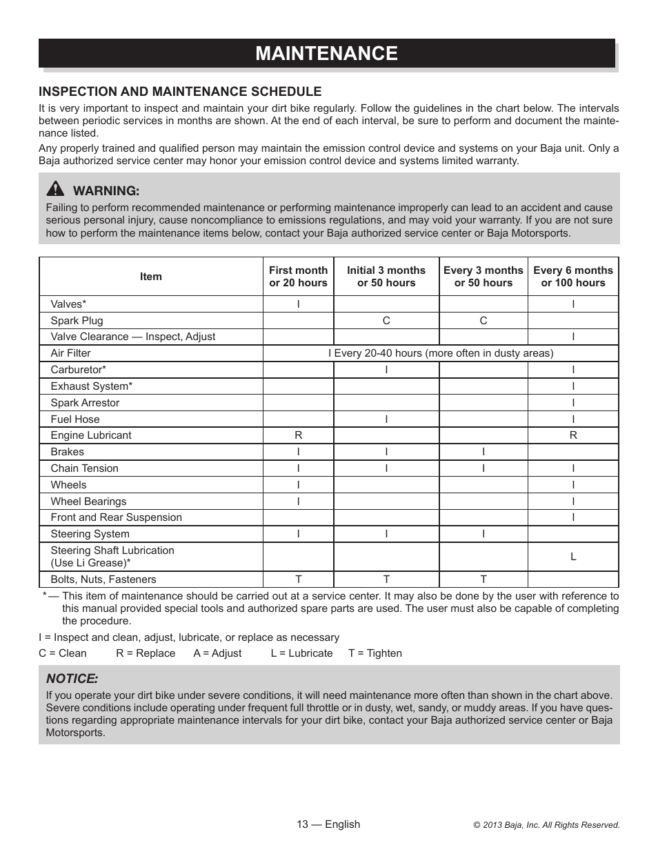 Maintenance | Baja Motorsports DR70 Operator's Manual User Manual | Page 13 / 48