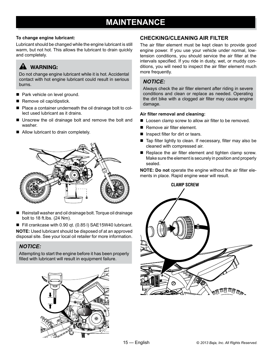 Maintenance | Baja Motorsports DR70 Operator's Manual User Manual | Page 15 / 48