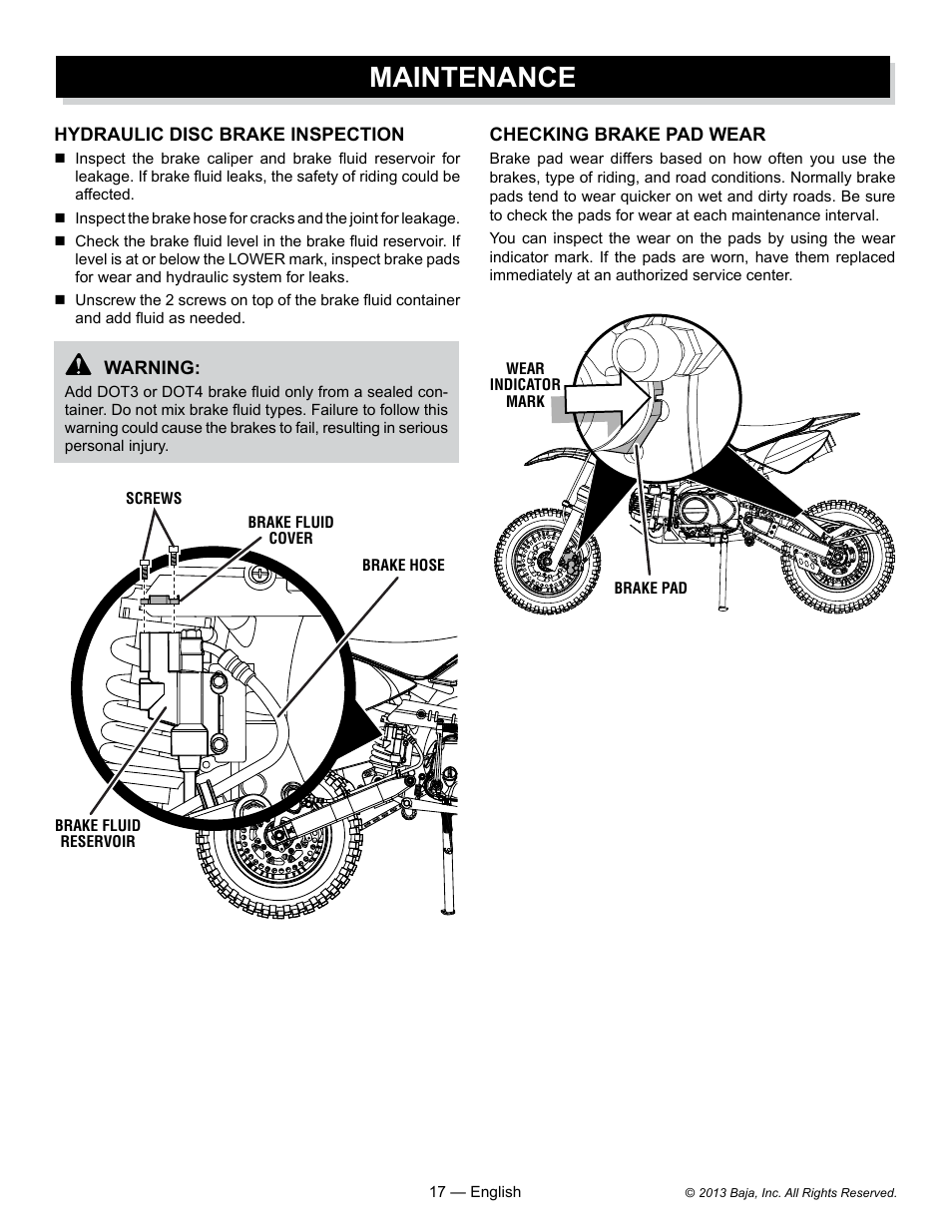 Maintenance | Baja Motorsports DR70 Operator's Manual User Manual | Page 17 / 48