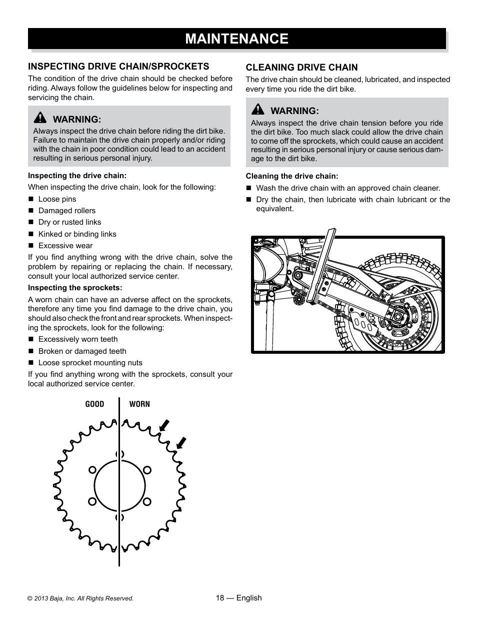 Maintenance | Baja Motorsports DR70 Operator's Manual User Manual | Page 18 / 48