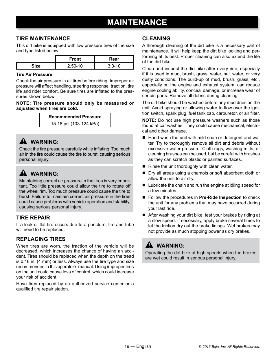 Maintenance | Baja Motorsports DR70 Operator's Manual User Manual | Page 19 / 48