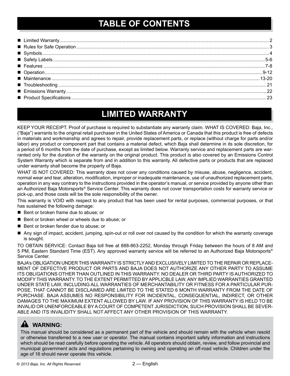 Baja Motorsports DR70 Operator's Manual User Manual | Page 2 / 48