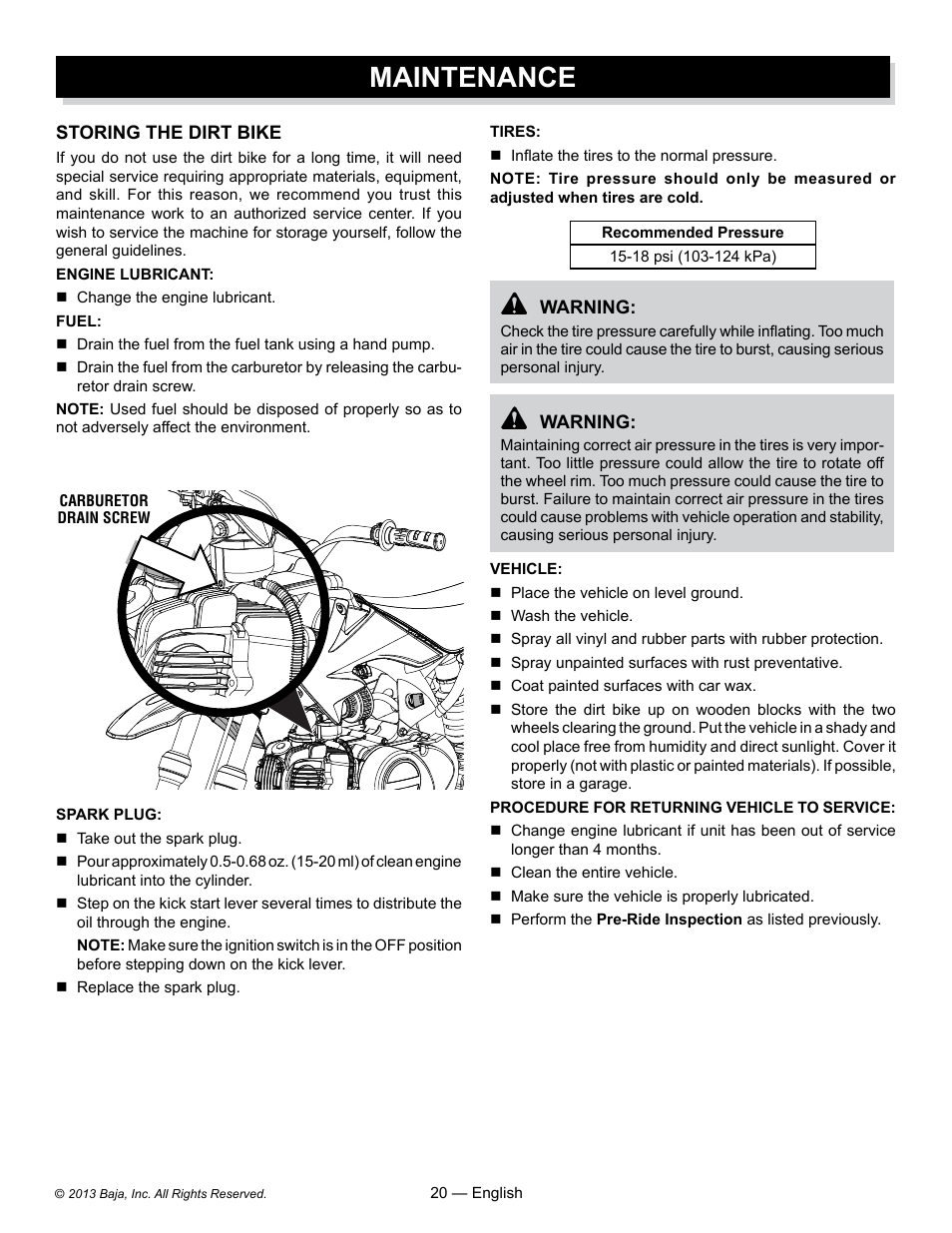 Maintenance | Baja Motorsports DR70 Operator's Manual User Manual | Page 20 / 48