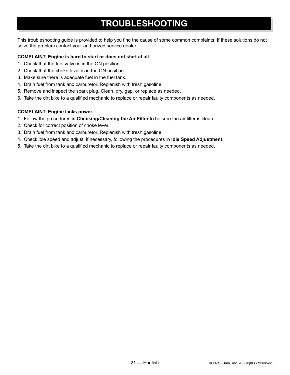 Troubleshooting | Baja Motorsports DR70 Operator's Manual User Manual | Page 21 / 48