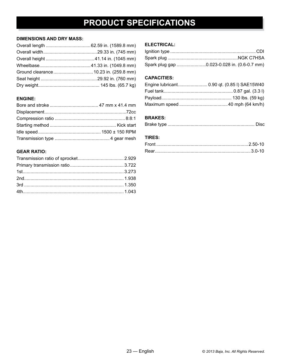 Product specifications | Baja Motorsports DR70 Operator's Manual User Manual | Page 23 / 48