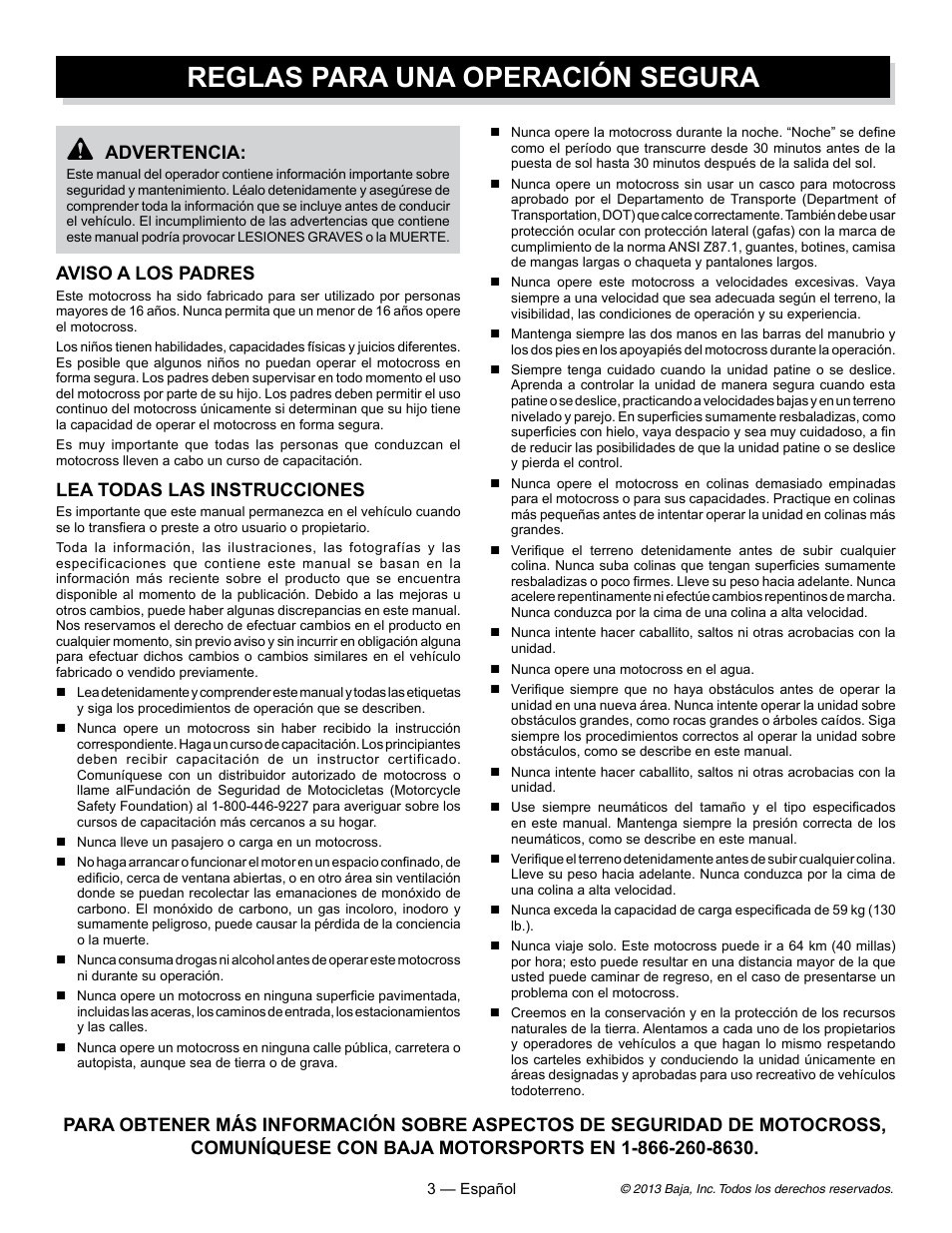 Reglas para una operación segura, Advertencia, Aviso a los padres | Lea todas las instrucciones | Baja Motorsports DR70 Operator's Manual User Manual | Page 25 / 48