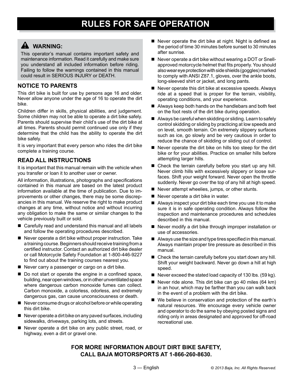 Rules for safe operation | Baja Motorsports DR70 Operator's Manual User Manual | Page 3 / 48