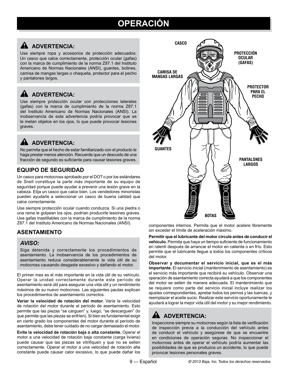 Operación, Advertencia, Equipo de seguridad | Asentamiento aviso | Baja Motorsports DR70 Operator's Manual User Manual | Page 31 / 48