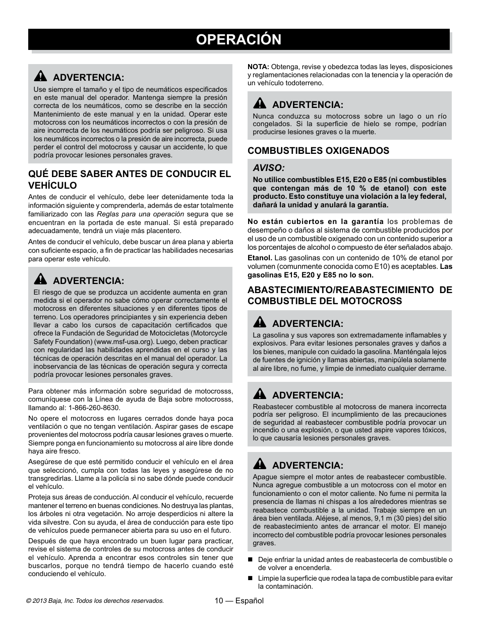 Operación | Baja Motorsports DR70 Operator's Manual User Manual | Page 32 / 48