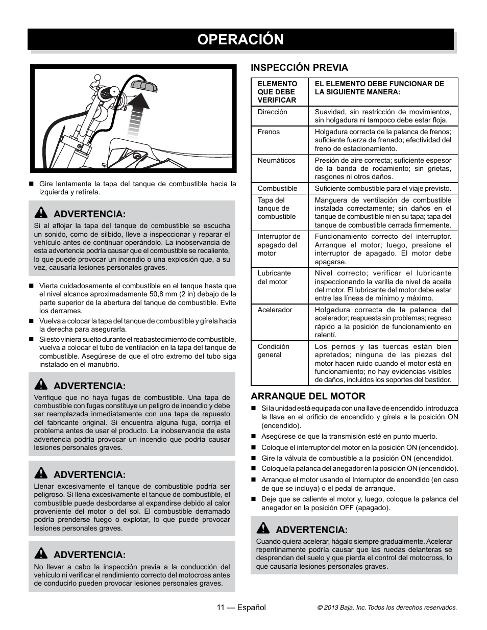 Operación, Advertencia, Inspección previa | Arranque del motor | Baja Motorsports DR70 Operator's Manual User Manual | Page 33 / 48