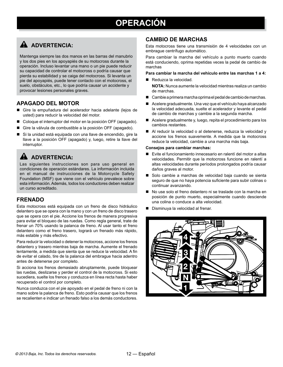 Operación, Cambio de marchas, Advertencia | Apagado del motor, Frenado | Baja Motorsports DR70 Operator's Manual User Manual | Page 34 / 48