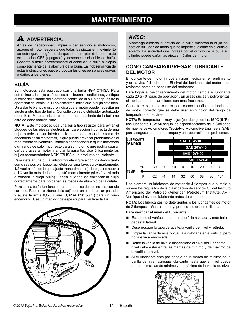 Mantenimiento, Advertencia, Bujía | Aviso, Cómo cambiar/agregar lubricante del motor | Baja Motorsports DR70 Operator's Manual User Manual | Page 36 / 48