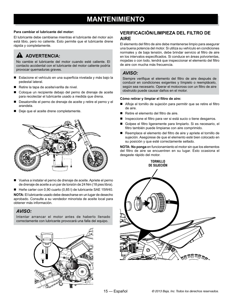 Mantenimiento, Verificación/limpieza del filtro de aire, Aviso | Advertencia | Baja Motorsports DR70 Operator's Manual User Manual | Page 37 / 48