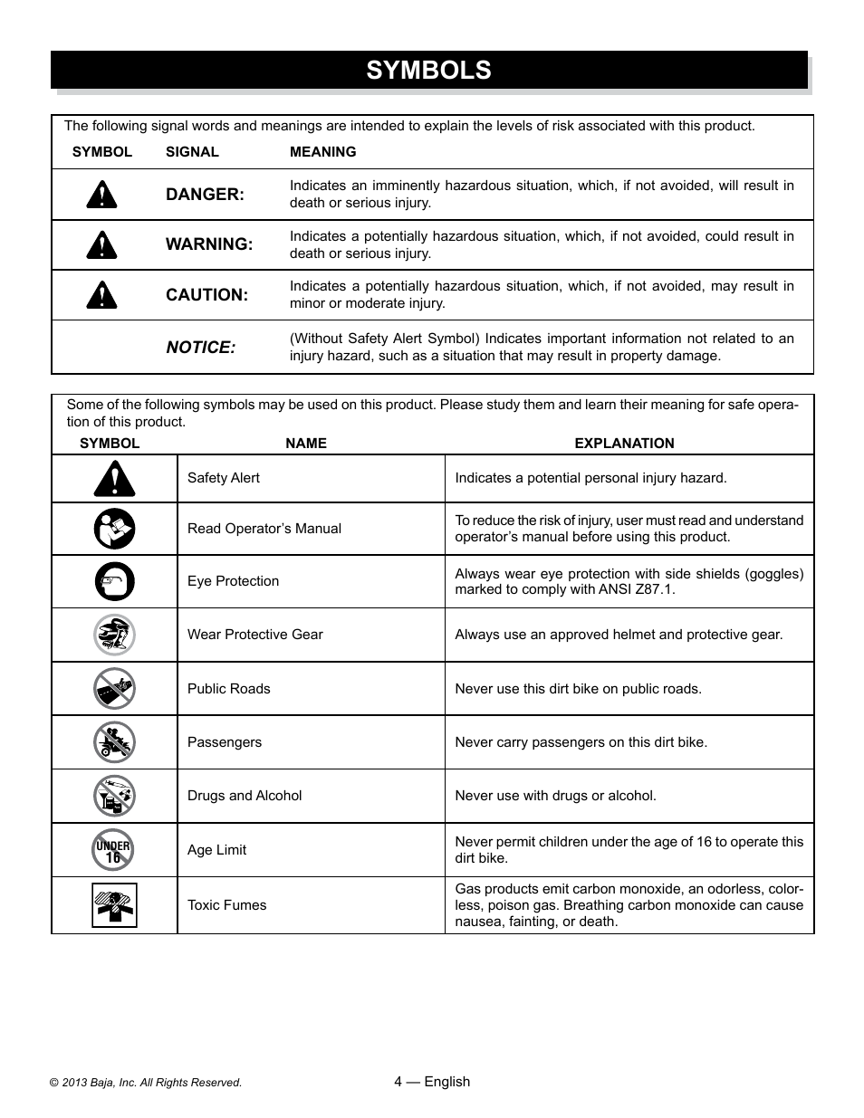 Symbols | Baja Motorsports DR70 Operator's Manual User Manual | Page 4 / 48