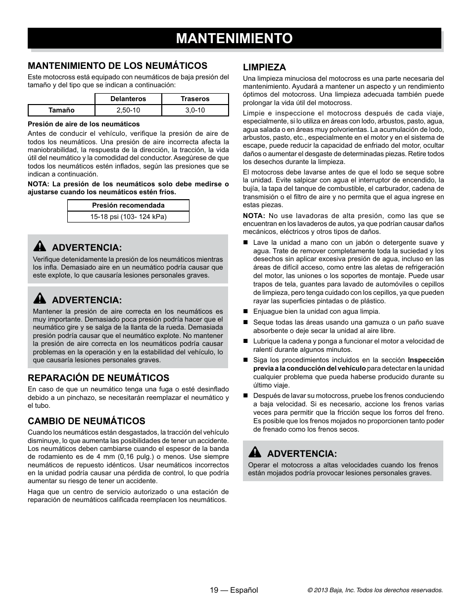 Mantenimiento, Limpieza, Advertencia | Mantenimiento de los neumáticos, Reparación de neumáticos, Cambio de neumáticos | Baja Motorsports DR70 Operator's Manual User Manual | Page 41 / 48