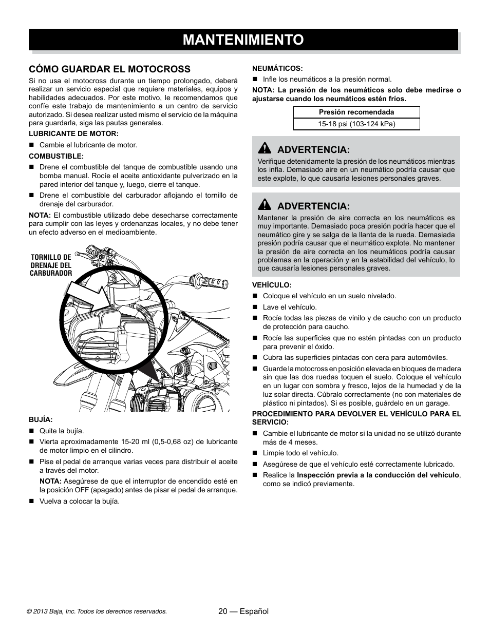 Mantenimiento, Advertencia, Cómo guardar el motocross | Baja Motorsports DR70 Operator's Manual User Manual | Page 42 / 48