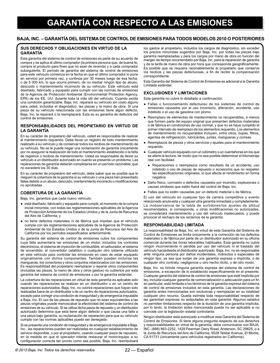 Garantía con respecto a las emisiones | Baja Motorsports DR70 Operator's Manual User Manual | Page 44 / 48