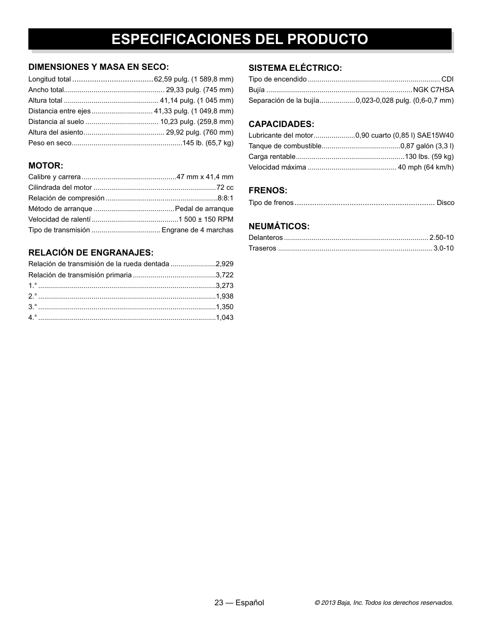 Especificaciones del producto | Baja Motorsports DR70 Operator's Manual User Manual | Page 45 / 48