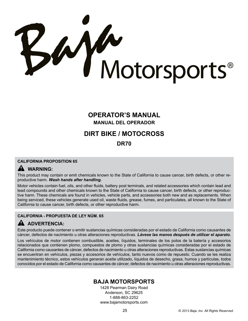 Operator’s manual, Dirt bike / motocross, Dr70 baja motorsports | Baja Motorsports DR70 Operator's Manual User Manual | Page 47 / 48