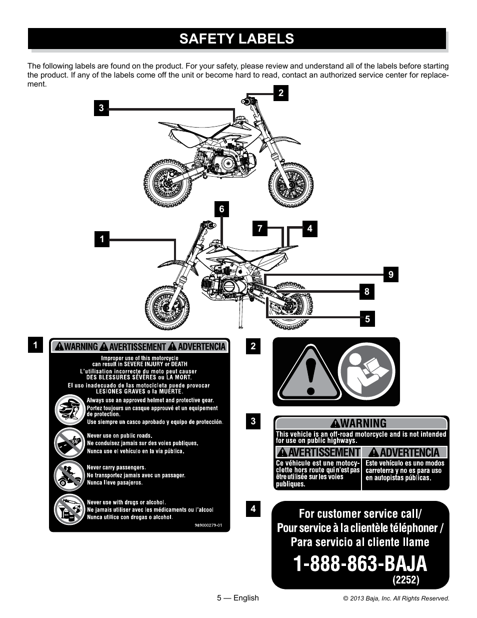 Safety labels | Baja Motorsports DR70 Operator's Manual User Manual | Page 5 / 48